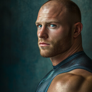 Create a dramatic muscular body childless man portrait image of...