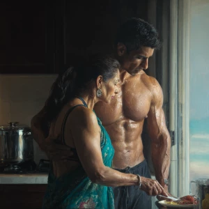 Hyperrealism painting.a muscular sweaty indian man standing be...
