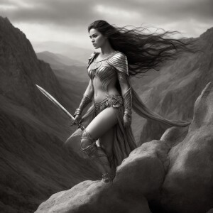 “A highly detailed black-and-white sketch of a woman with long,...