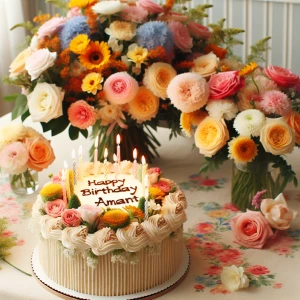 Happy birth day Amant cake and flowers