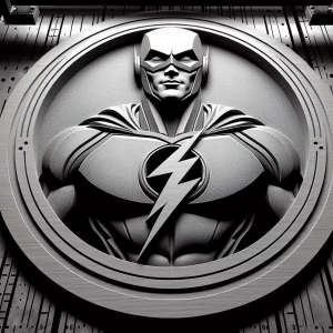 a grayscale bas relief of shazam, on a round coin emblem with th...