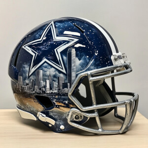 Dallas Cowboys helmet, Dallas skyline behind the helmet.