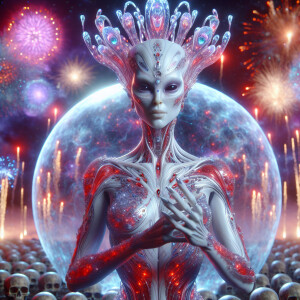 A regal alien queen with pearlescent white and fiery red hues, a...
