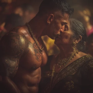 Realism,photo painting.a muscular beefy sweaty tattoed indian ma...