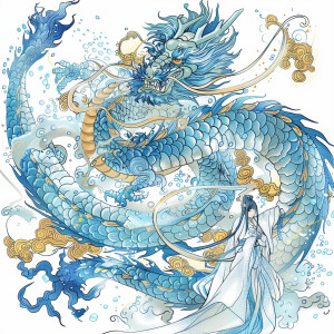 Outlined image of aqua blue eyed Chinese dragon with the main co...