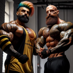Two muscular men pose closely together. One man has a spiky, col...