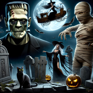 Frankenstein, mummy, black cat, pretty witch on a broomstick