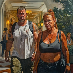 Hyperrealistic painting HD.A sweaty beefy man walking with his 5...