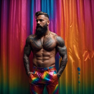 A bearded, muscular man confidently stands with his hands in his...