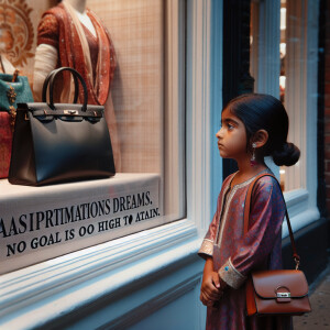 A poor Indian girl looking luxury showroom luxury bag there is m...