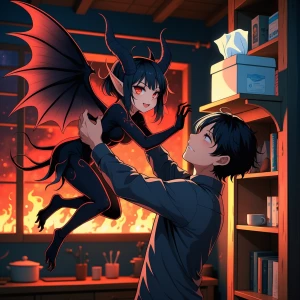 "Anime-style man lifting a small female demon with flowing elega...