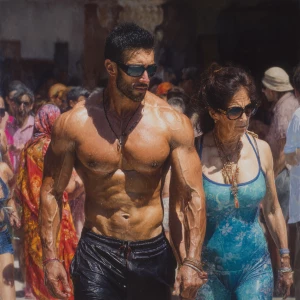 hyperrealism painting,a muscular beefy kashmiri manwalking ,with...