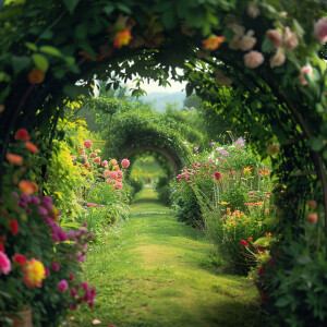 Describe the serene beauty of a well-tended garden filled with c...