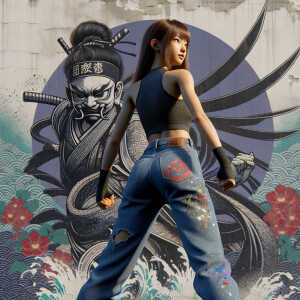 Athletic Thin skinny Attractive, Asian teenage girl, long brown hair and bangs, wearing tight skinny jeans and a halter top paint marks on her clothing, heroic pose Asian graffiti background, backside view