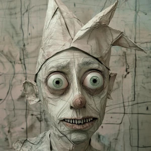 Person with big round green eyes wearing a paper mask that has a...