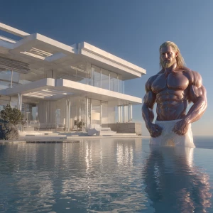 Subject: A hyper-realistic exterior scene featuring a mid-centur...