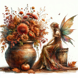An expressive, Rustic shabby FALL Fairy Sitting against a Rustic...