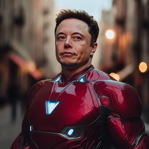 Elon Musk as Iron Man in New Year's style. Use carton style.