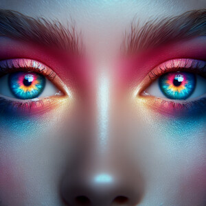 multicolored eyes, prominently featuring shades of blue, pink, a...