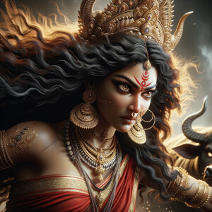 Portrait of gorgeous and angry goddess durga slaying mahishasur. intricately detailed depiction of a goddess. gold jewelry all over body. sharp nose, light skin, beautiful brown eyes, wavy black hair, red lips, slim body, red clothing, muscled limbs, ultra detailed body. uhd, hdr, 64k, epic scene. Photography