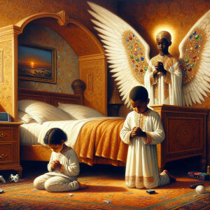 An oil painting of two African-American children with dark skin,...