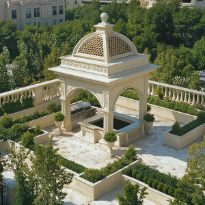 Design a luxurious classic-style rooftop garden featuring a squa...