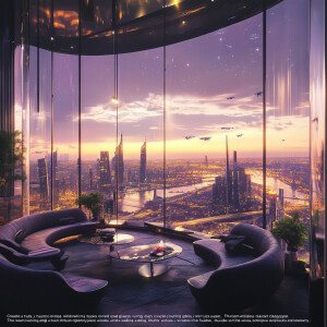 "Create a futuristic lounge with large, curved glass windows ove...