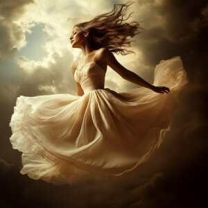 Beautiful woman, with dress floating around in air, stunning