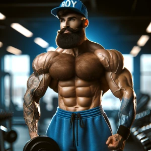 A muscular man is flexing his biceps in a gym setting. He has a...