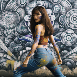 Attractive, Asian teenage girl, long brown hair and bangs, wearing tight skinny jeans and a halter top paint marks on her clothing, backside view heroic pose Asian graffiti