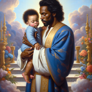 Classical oil painting style depicting an African-American Jesus...