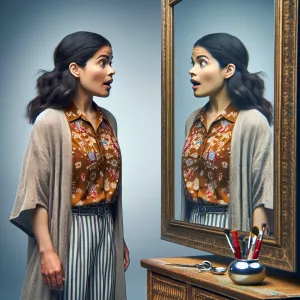 Женщина стоит напротив зеркала в полный рост. Смотрит на свое от...