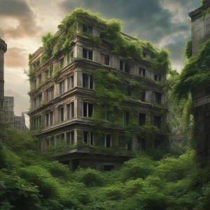 A crumbling building with overgrown vegetation under a cloudy, polluted sky.