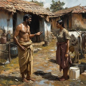 Realism art style,a muscular sweaty village head man talking to...