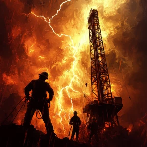 Texas oil rig workers working on the rig during a lightning stor...
