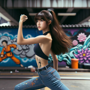 Very thin Athletic Thin skinny Attractive, Asian teenage girl, long brown hair and bangs, wearing tight skinny jeans and a halter top paint marks on her clothing, sitting side view heroic pose Asian graffiti