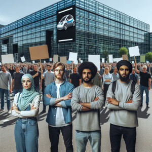 Illustrate 4 protesters in front of Tesla Company, Behind them a...