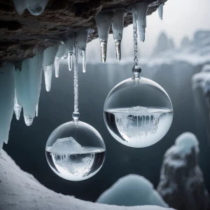 Two small spherical icecubes with small stalactites hanging belo...