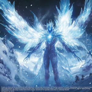 "Create an ethereal ice being in a cold, snowy environment. The...