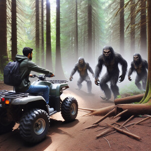 A man piloting an ATV is charging through a dense Oregon forest,...