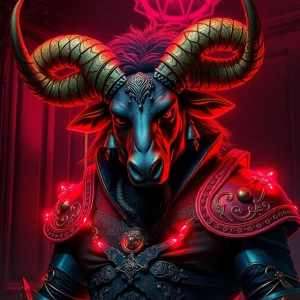 In the dimly lit still, a rococo-inspired neon-noir minotaur sta...
