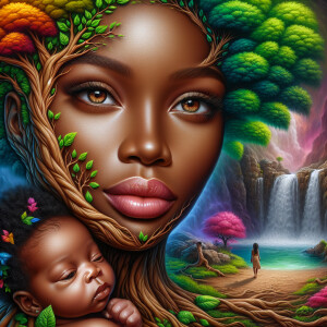Create a close-up, hyper-realistic 3-D oil painting of a tree wi...
