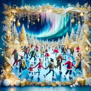 Whimsical Christmas scene. North Pole lit up at night. Gold leaf...