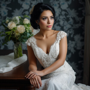 A beautiful Latina woman wearing an elegant wedding dress, with...