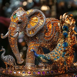 A breathtaking scene featuring an intricately carved elephant, c...