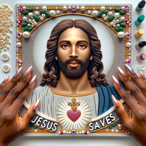 A 3D realistic artwork featuring the phrase 'Jesus Saves' adorne...