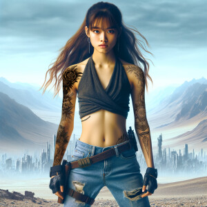 Thin Asian teen girl wearing tight jeans and a halter top Long brown hair and bangs, tattoos on her arms, athletic heroic pose