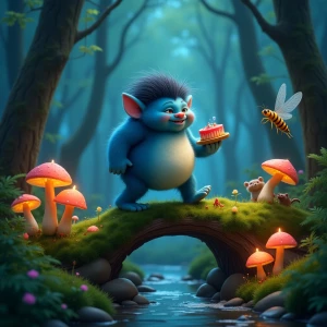 A plump blue troll carefully tiptoes across a mossy log bridge,...