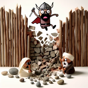 a stick figure viking attacks a castle wall, breaks it down and...
