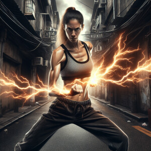 Design an image depicting a fierce female street fighter poised...